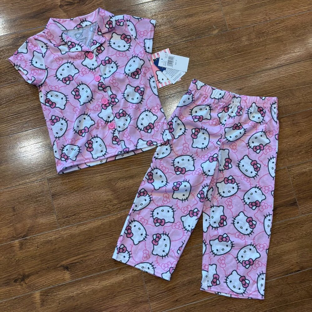 NWT Girls 3T Hello Kitty Pajama Set Top Bottom Pink White Adorable